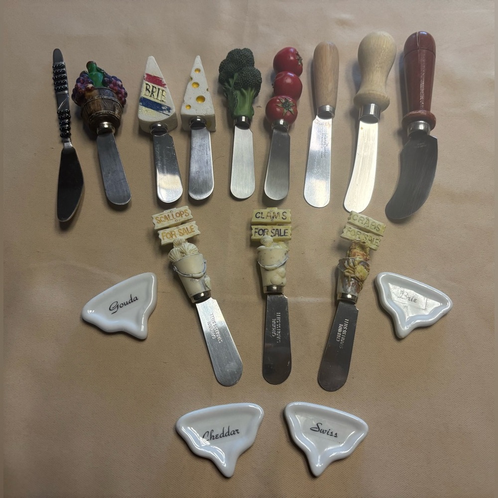 Mixed Lot of 16 Cheese Knife Spreaders Butter Jelly Jam Utensils Charcuterie